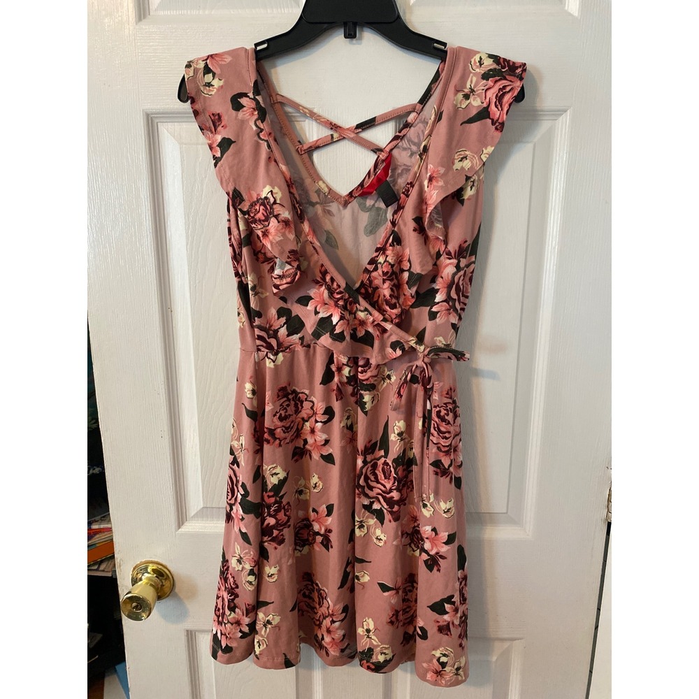Floral Wrap Mini Dress Pink Ruffle V-Neck Crisscross Back Skater Dress W111267
